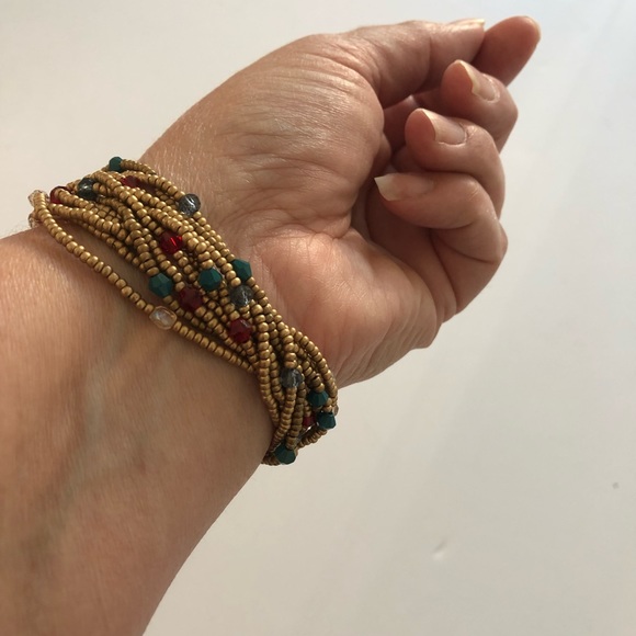 Gold Beaded Multi-Strand Tassel Stretch Bracelet - Picture 4 of 6